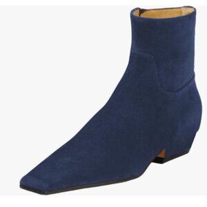 Navy Square Toe Low Chunky Heel Ankle Booties Chic Zip Up Short Boot Trendy Shoe